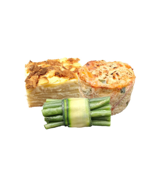 LOT 1 GRATIN DE POMMES DE TERRE 120g + 1 FLAN DE LEGUMES 80g + 1 FAGOT HARICOTS VERTS 35g